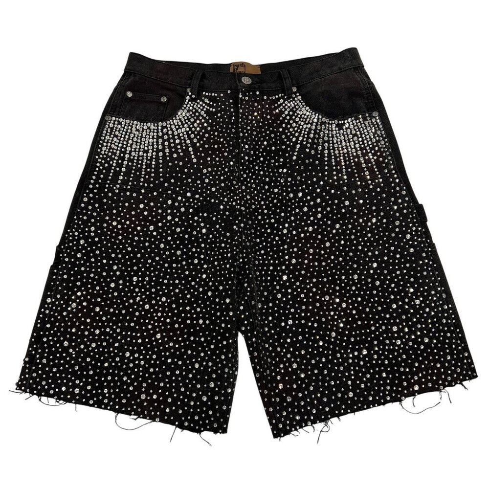 Birth of Royal Child Crystal-embellished Washed-Denim Shorts in Black